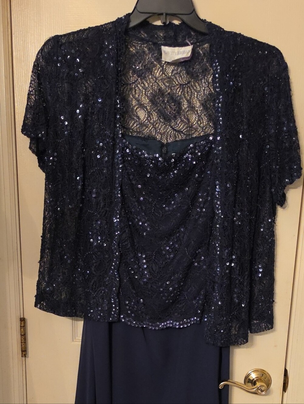 David's Bridal Navy Sequin Lace Midi Dress with Jacket